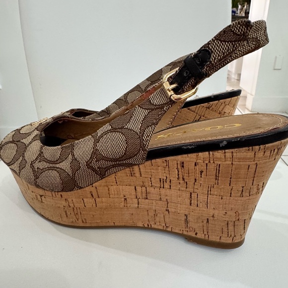 Coach Logo Print Slingback Wedge Sandals Brown Beige Black Canvas Leather 7.5B - Picture 9 of 12